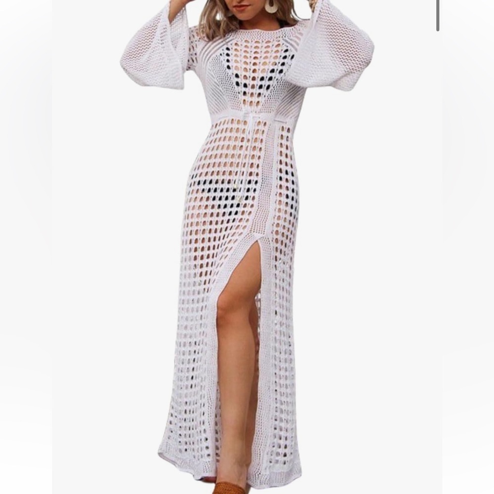 Woman Crochet Round boat Neck Bat Sleeve tunic Beach dress cover up